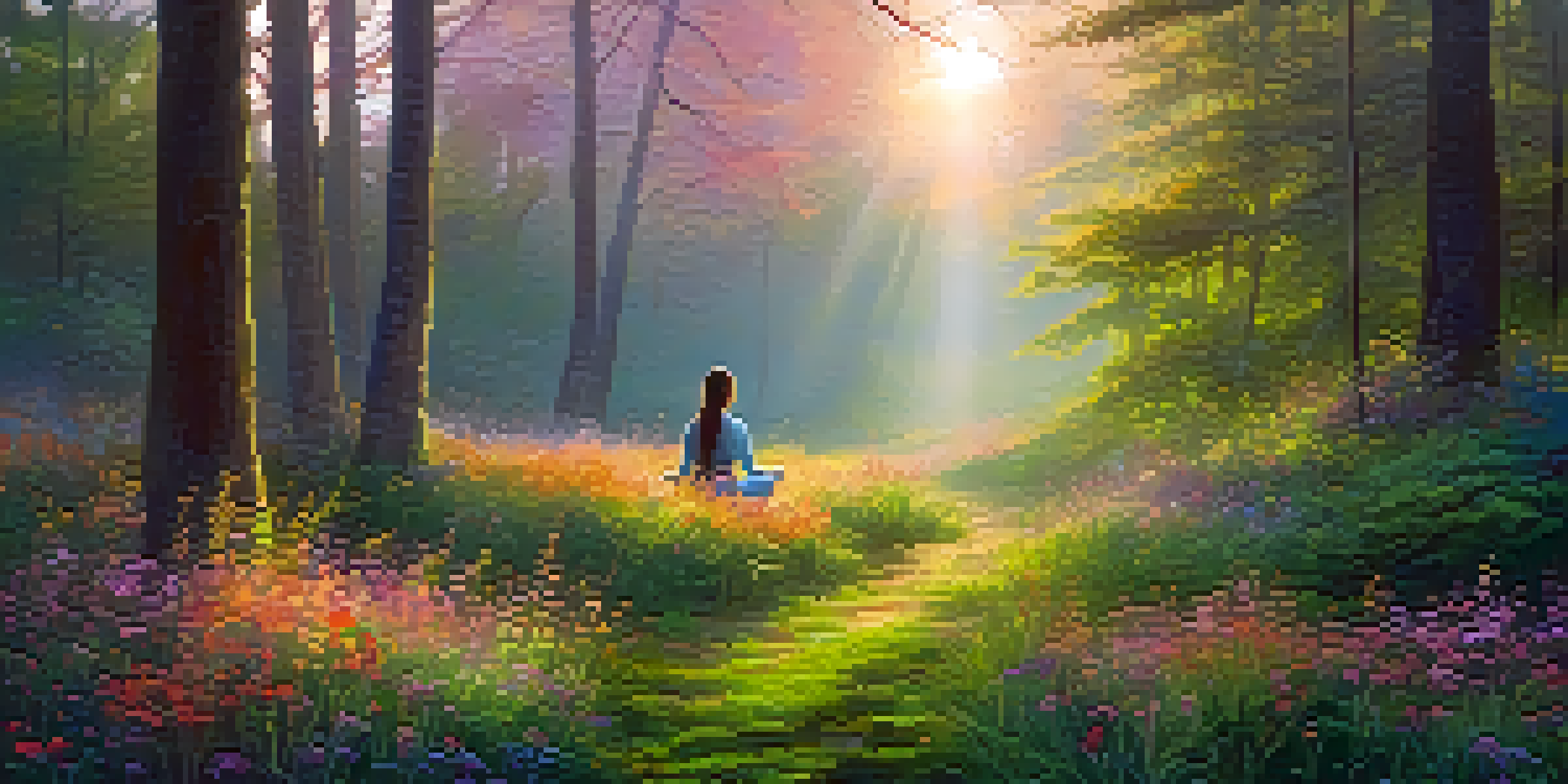 A peaceful forest scene at dawn with a person meditating on a misty path, surrounded by trees and wildflowers.