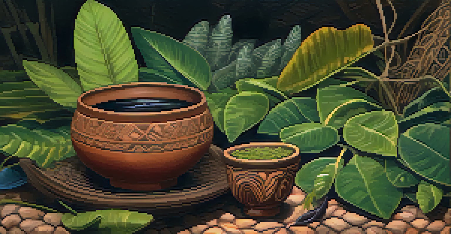 A close-up of a vibrant Ayahuasca brew in a rustic clay cup, surrounded by Banisteriopsis caapi vines and ceremonial elements.