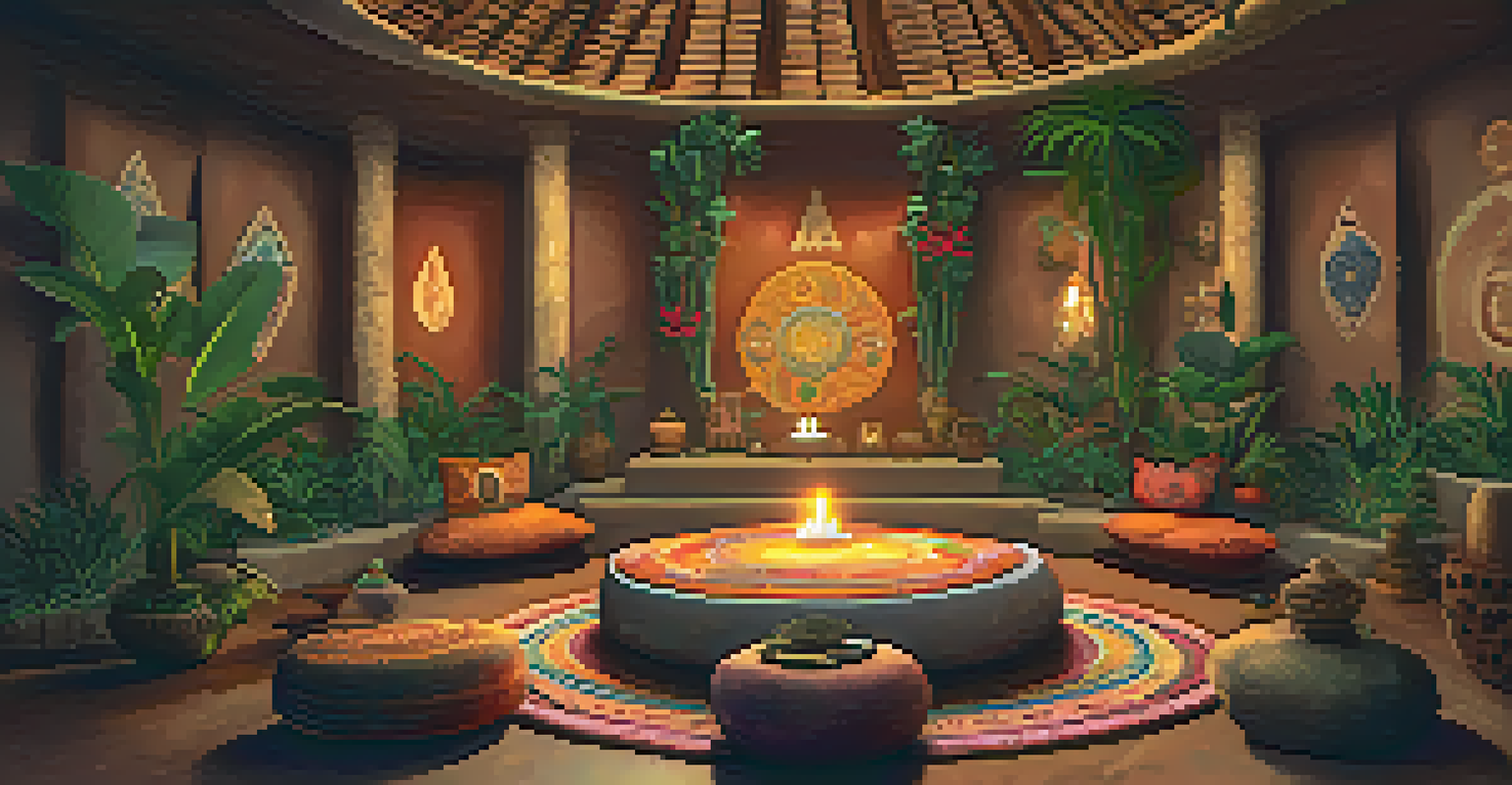 An inviting setting for an Ayahuasca ceremony, with cushions arranged in a circle around an altar decorated with candles and natural elements.