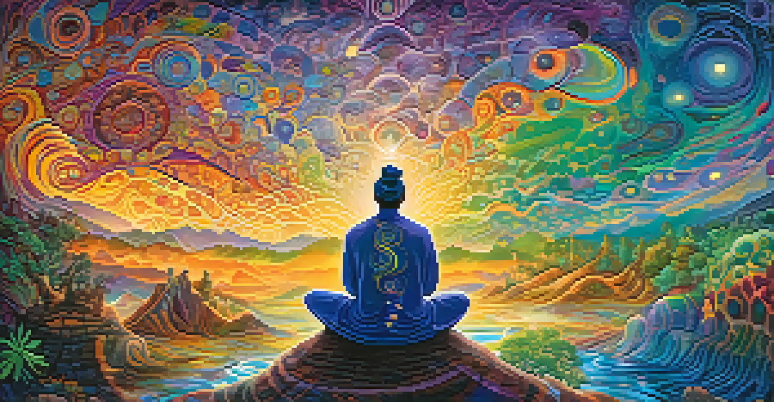 A colorful artistic depiction of a person undergoing an Ayahuasca experience, surrounded by vibrant swirling colors and patterns that symbolize visions.