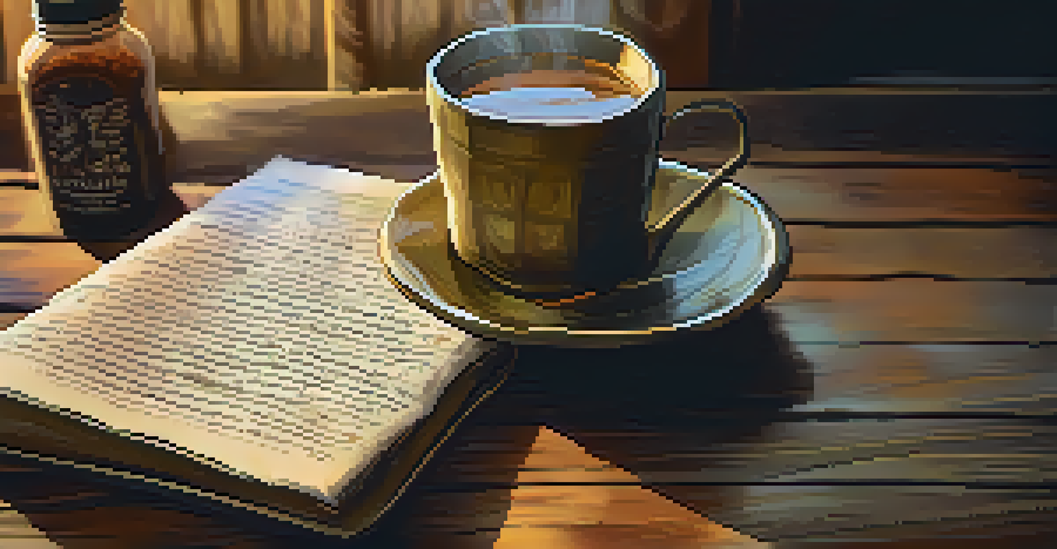 A journal with reflections on healing next to a cup of ayahuasca brew on a rustic table.