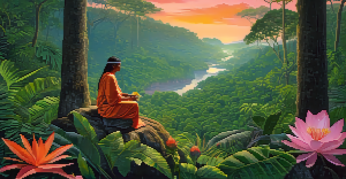 An Indigenous healer in a lush Amazon rainforest prepares ayahuasca, surrounded by vibrant plants and flowers during dawn.