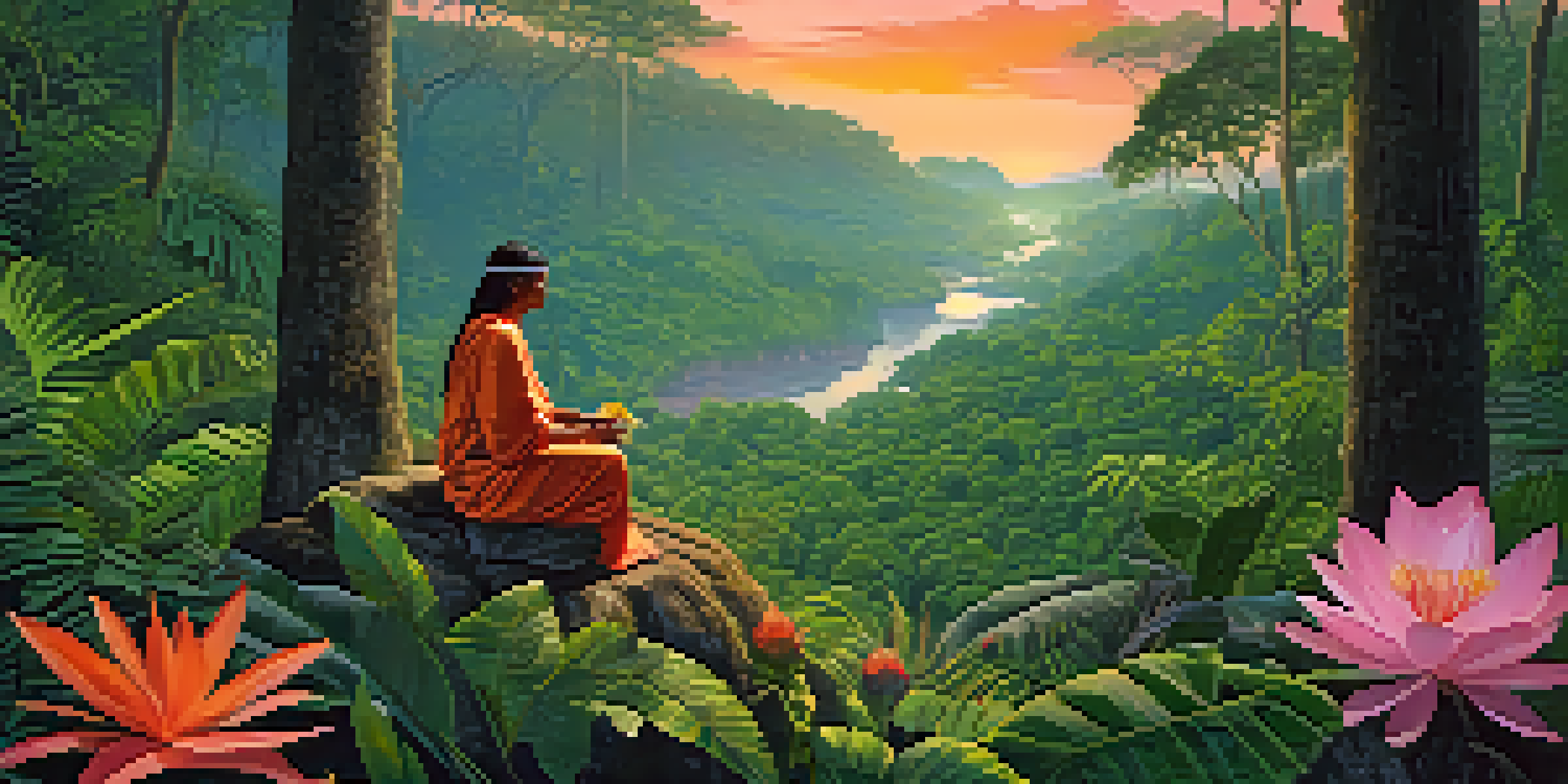 An Indigenous healer in a lush Amazon rainforest prepares ayahuasca, surrounded by vibrant plants and flowers during dawn.