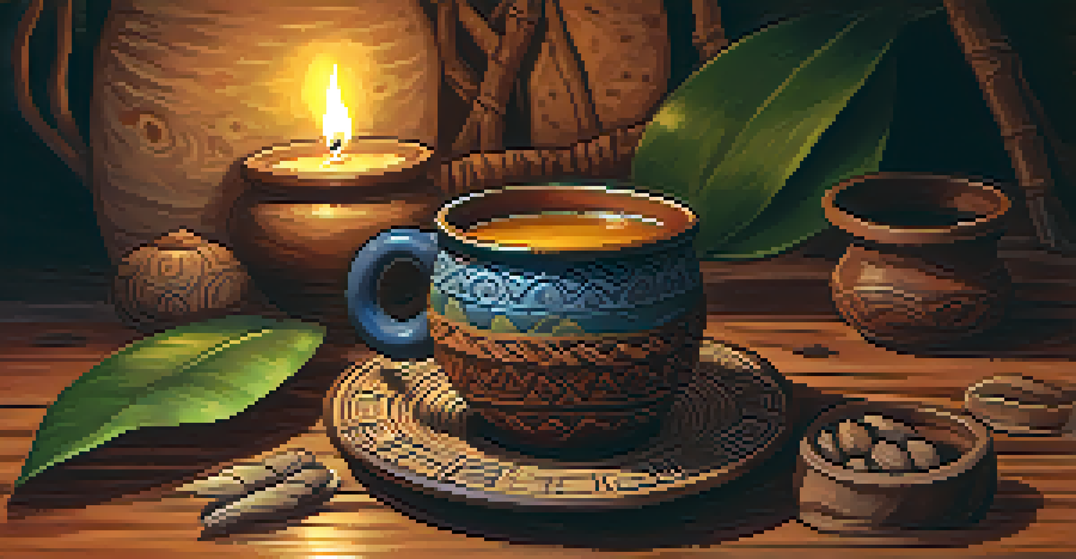 A close-up of Ayahuasca brew in a rustic ceramic cup, with Amazonian artifacts in the background and soft candlelight illuminating the scene.