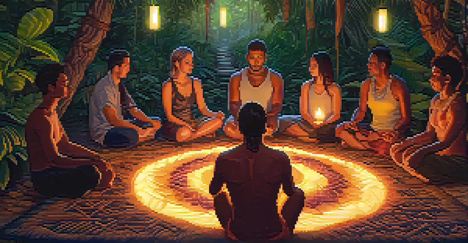 A group of people in a circle for an Ayahuasca ceremony, surrounded by candles and greenery.