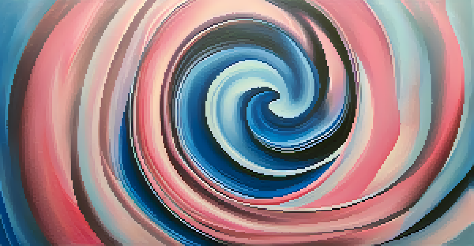 An abstract representation of balanced masculine and feminine energies with swirling blue and pink patterns blending together.
