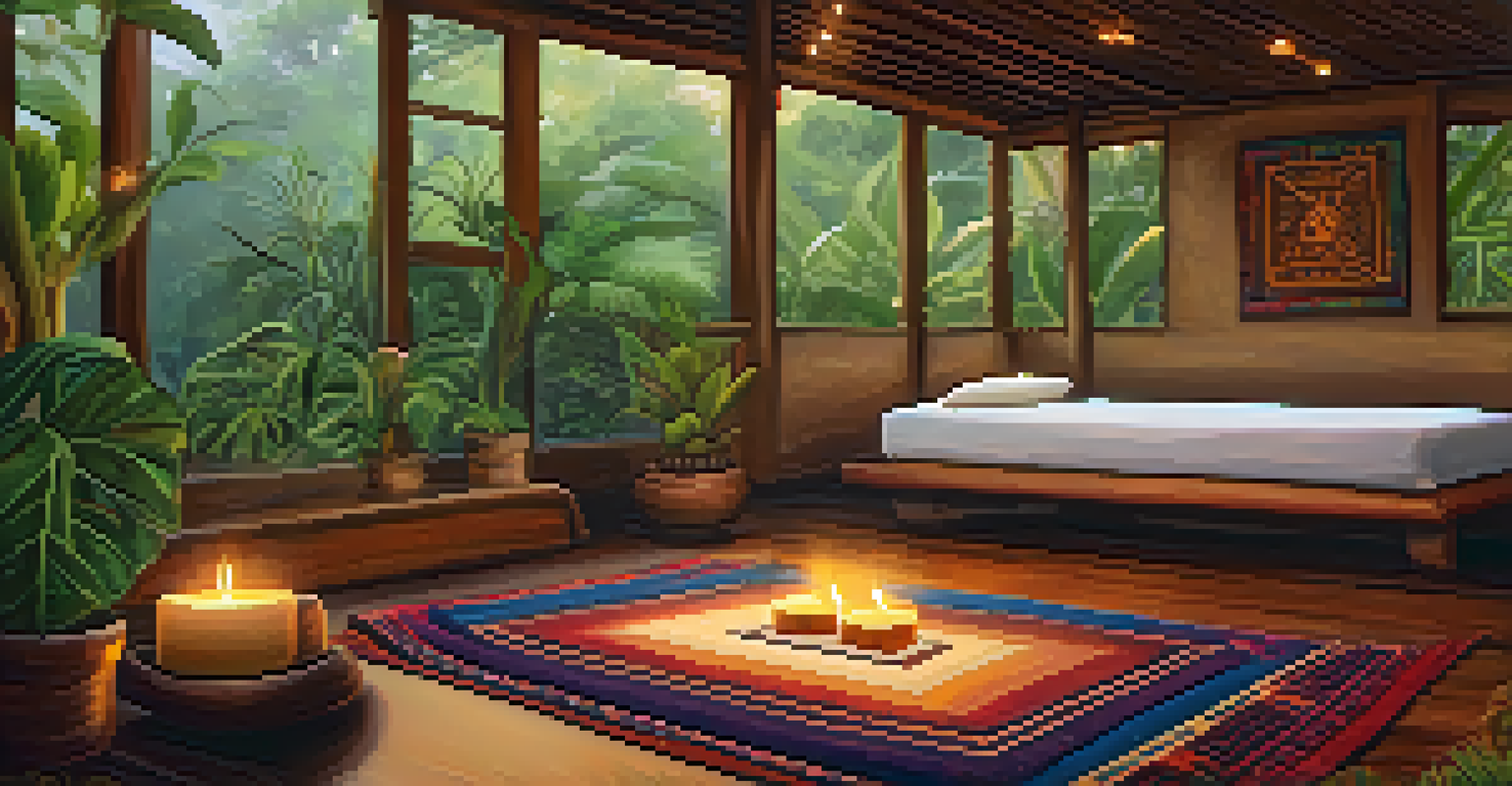 The interior of a warm and inviting Ayahuasca retreat center with cushions, plants, and soft lighting.