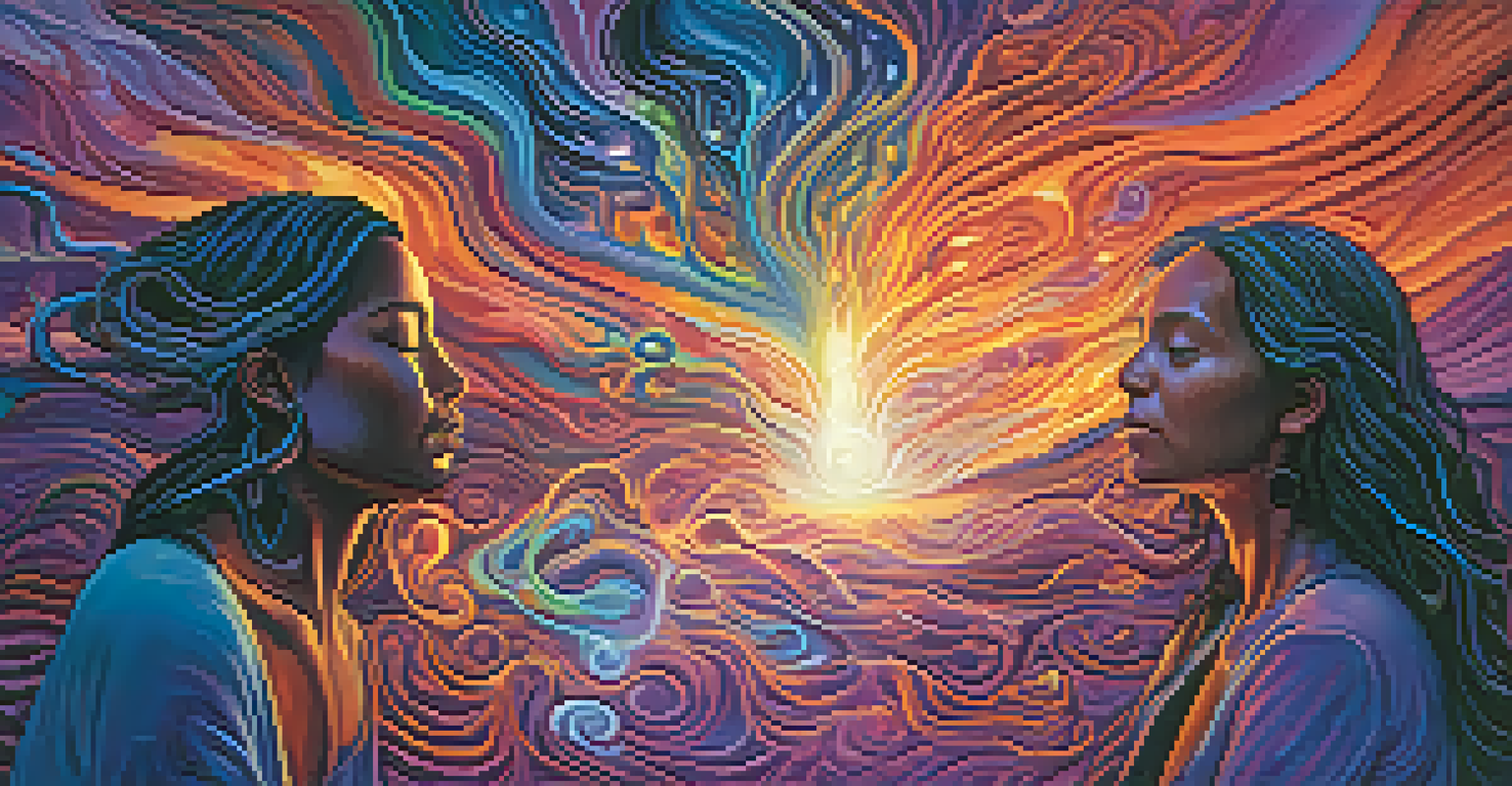 An abstract image showing vibrant colors and figures representing emotional release during an Ayahuasca experience, with swirling colors and streams of light.