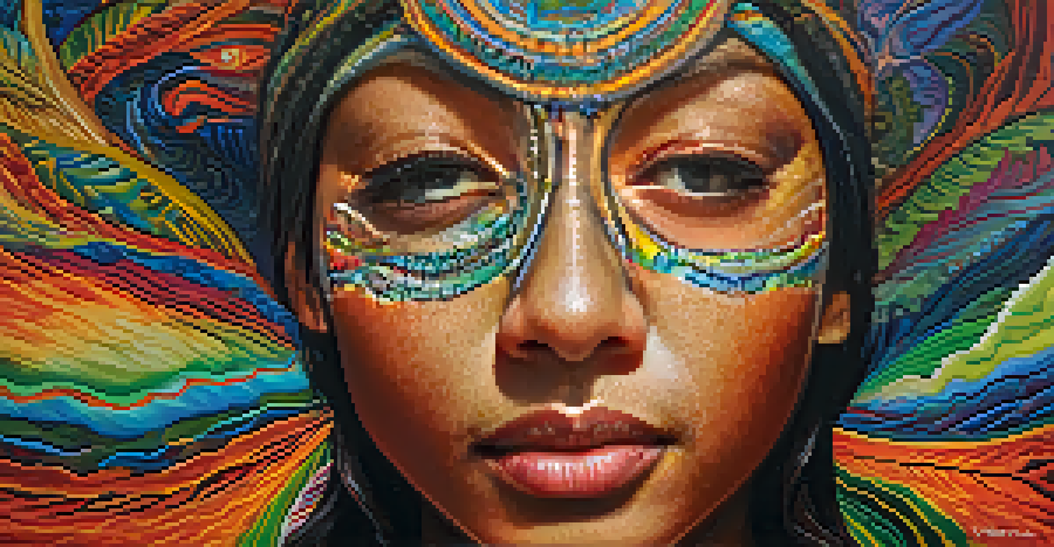 A participant with closed eyes and a serene expression during an Ayahuasca journey, with colorful swirling visions in the background representing emotional insights.
