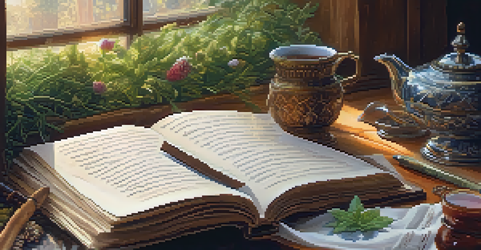 A person writing in a journal with crystals and a cup of tea on a decorated table in a warm light.