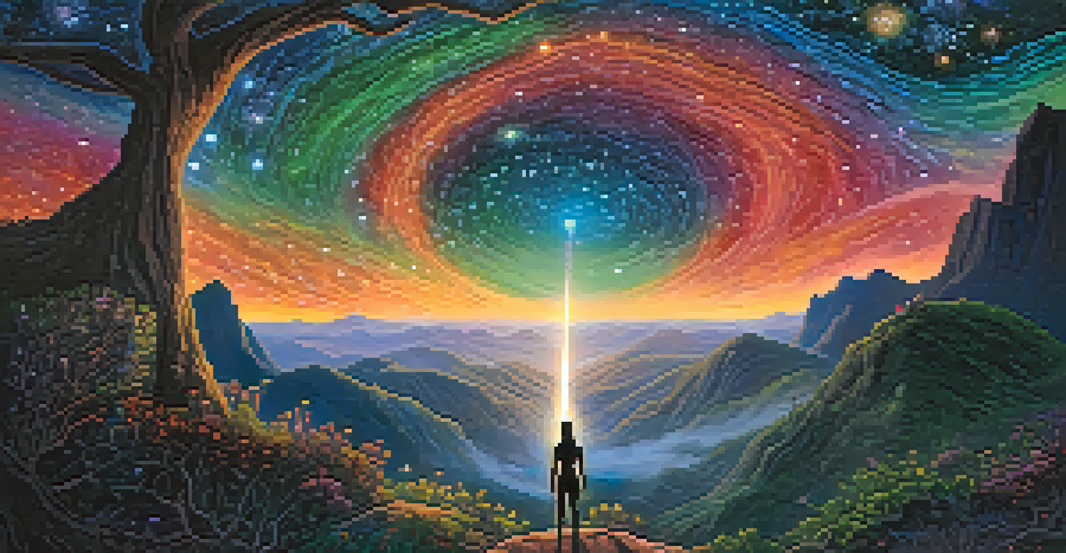 A silhouette of a person on a mountain peak gazing at a starry night sky, with images of Ayahuasca plants integrated into the cosmos.