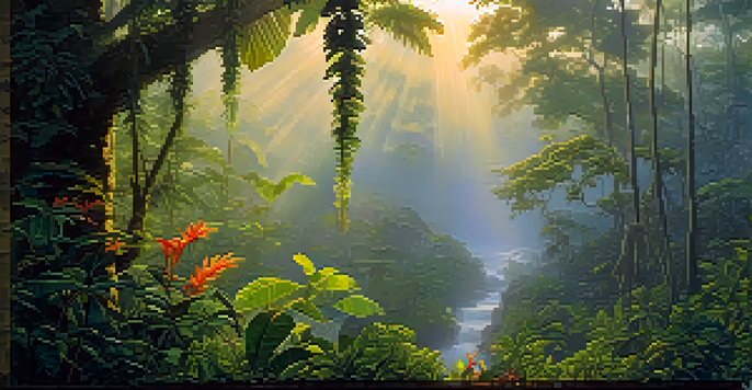 A peaceful sunrise scene in the Amazon rainforest, showcasing lush greenery and the Banisteriopsis caapi vine, with mist and sunlight filtering through the trees.