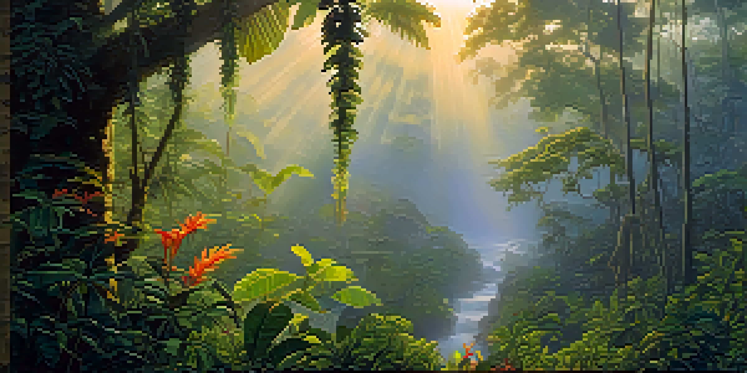A peaceful sunrise scene in the Amazon rainforest, showcasing lush greenery and the Banisteriopsis caapi vine, with mist and sunlight filtering through the trees.