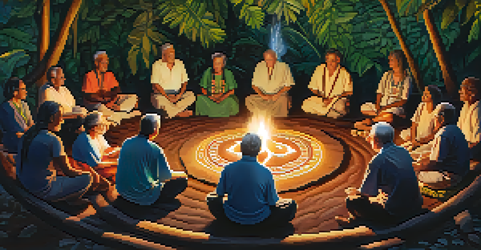 Seniors gathered in a circle for an Ayahuasca ceremony in a natural setting, with warm candlelight and traditional artifacts.
