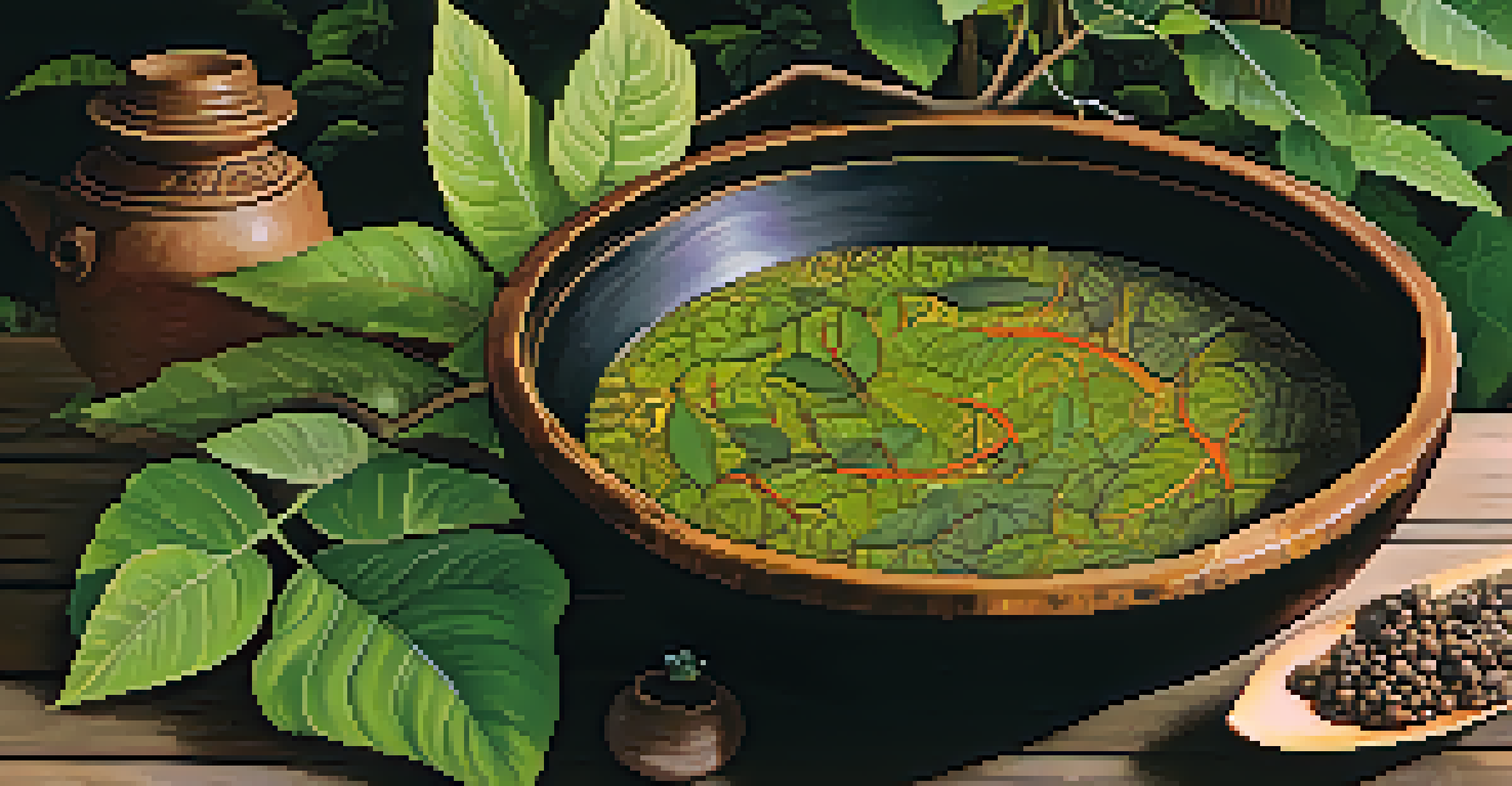 A close-up of ayahuasca brew in a rustic bowl with the raw ingredients surrounding it.