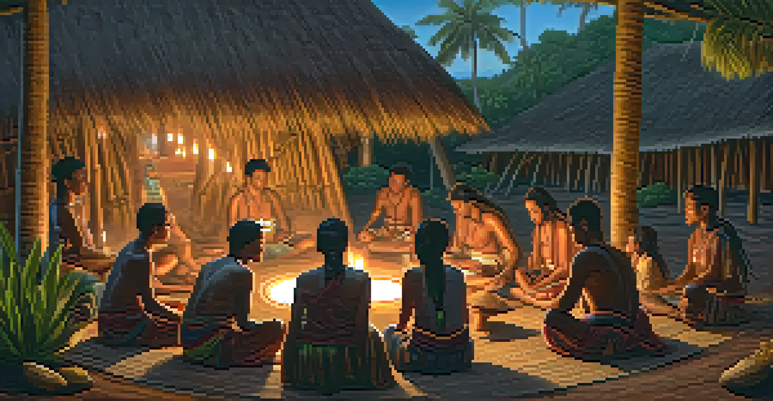Participants in an Ayahuasca ceremony inside a thatched-roof hut, meditating in a circle with warm lantern light and symbolic decorations.