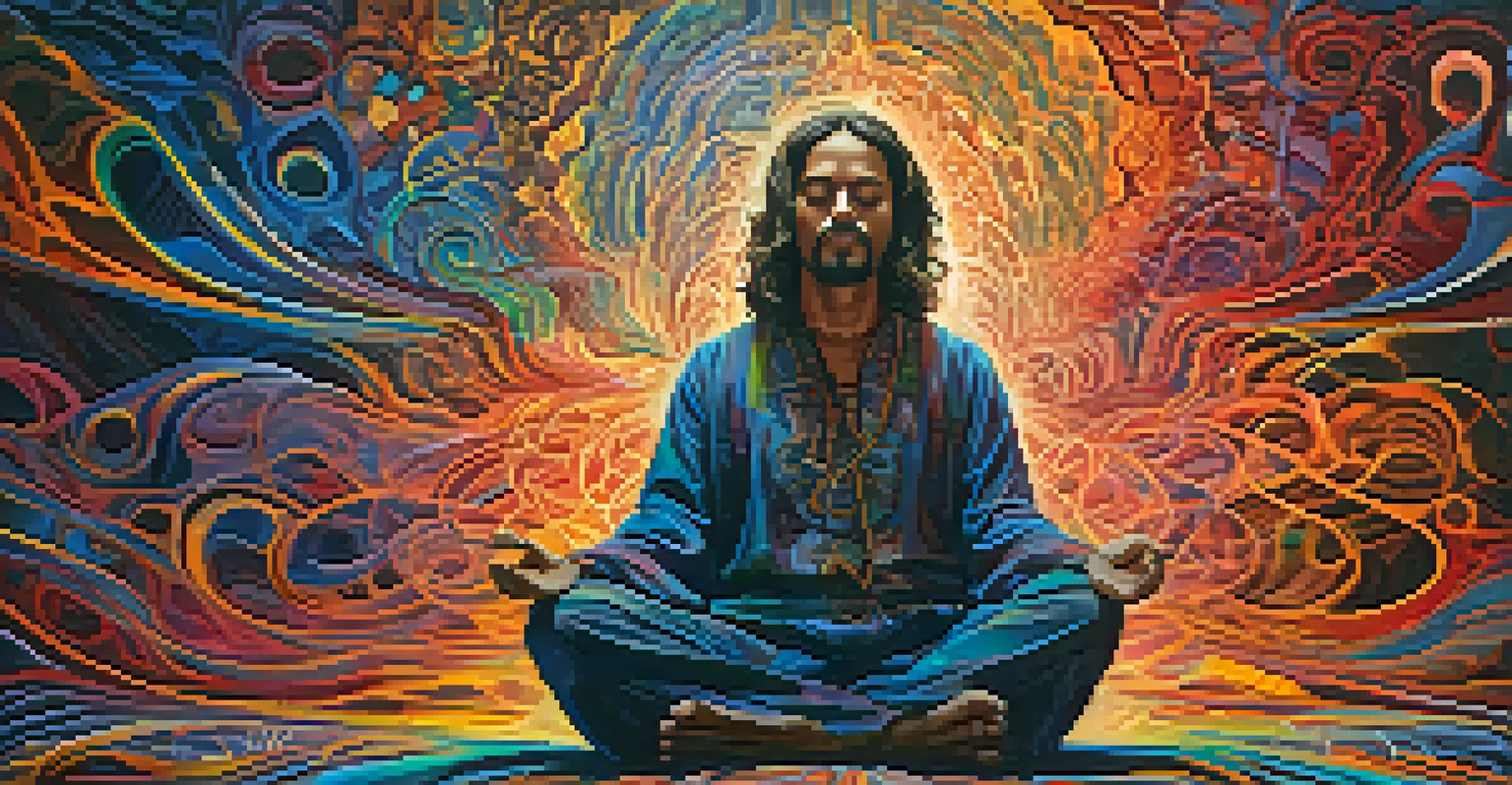 An artistic illustration of a person undergoing an emotional journey during an Ayahuasca experience, surrounded by swirling colors.