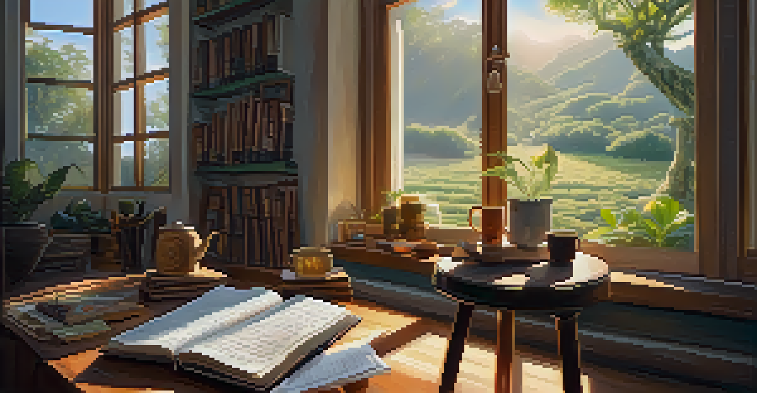 A person sitting in a cozy space, journaling with sunlight streaming in, surrounded by cushions and a cup of tea.