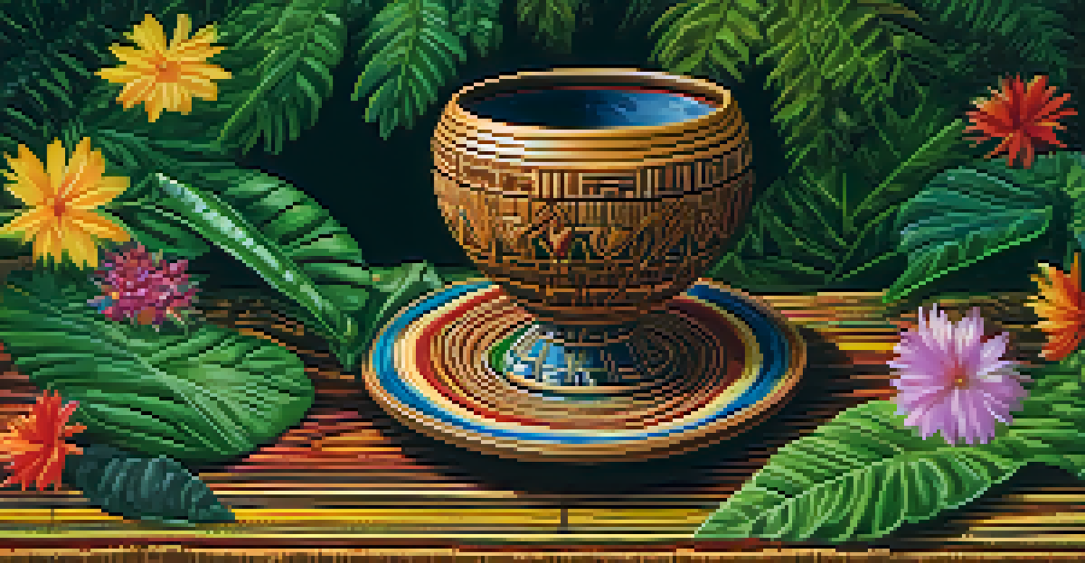 A close-up of a ceremonial cup filled with ayahuasca brew on a woven mat, surrounded by lush greenery.