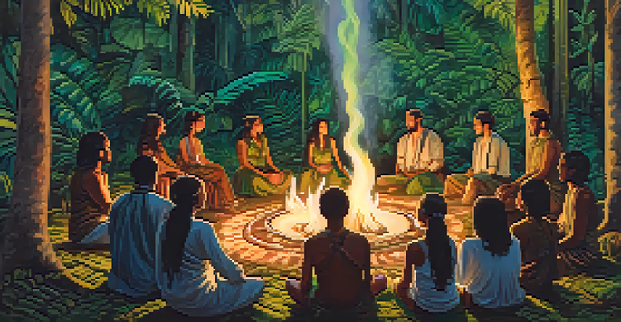 A peaceful scene of an Ayahuasca ceremony in a rainforest, featuring participants around a fire listening to a healer's song.