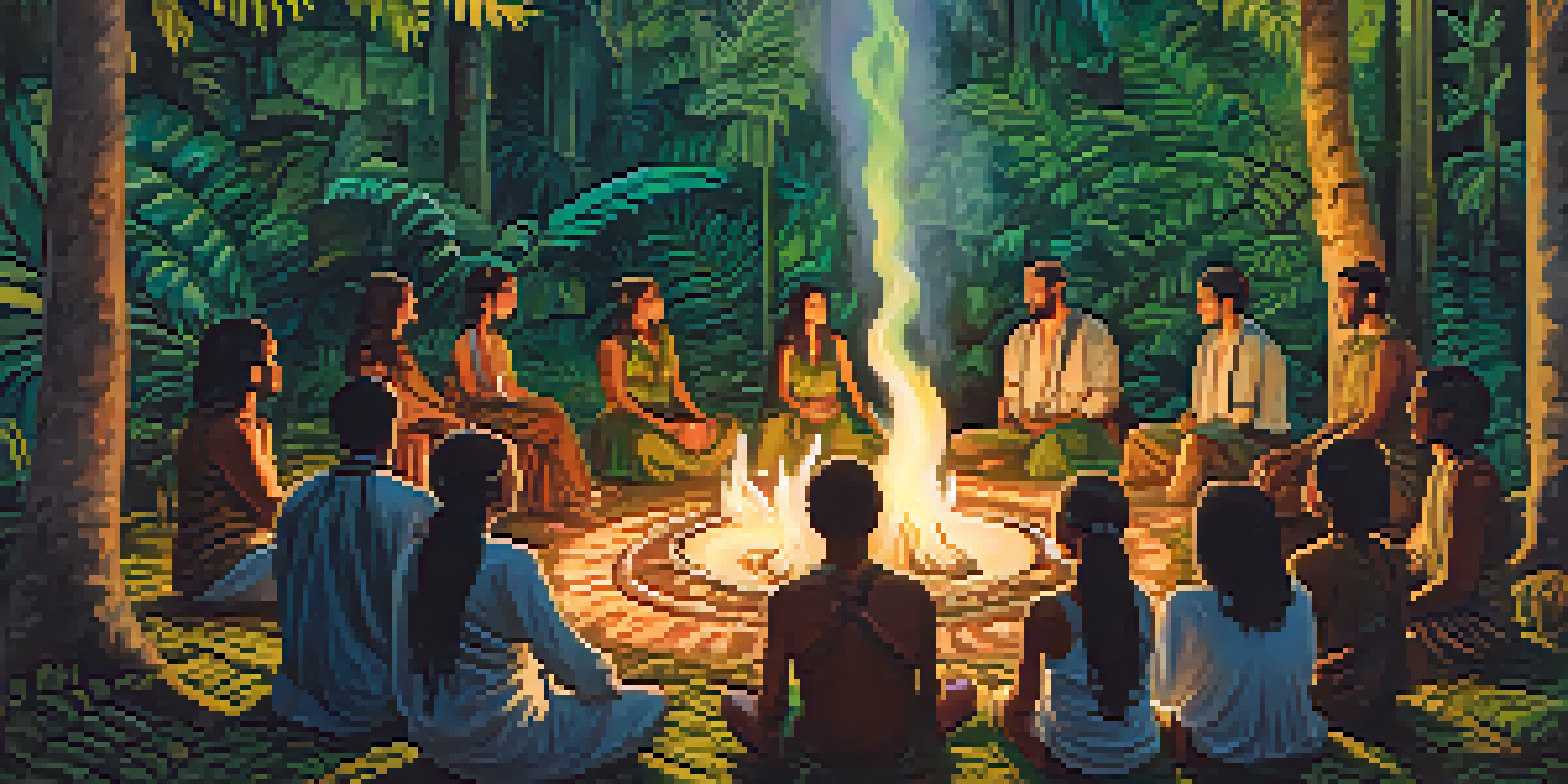 A peaceful scene of an Ayahuasca ceremony in a rainforest, featuring participants around a fire listening to a healer's song.