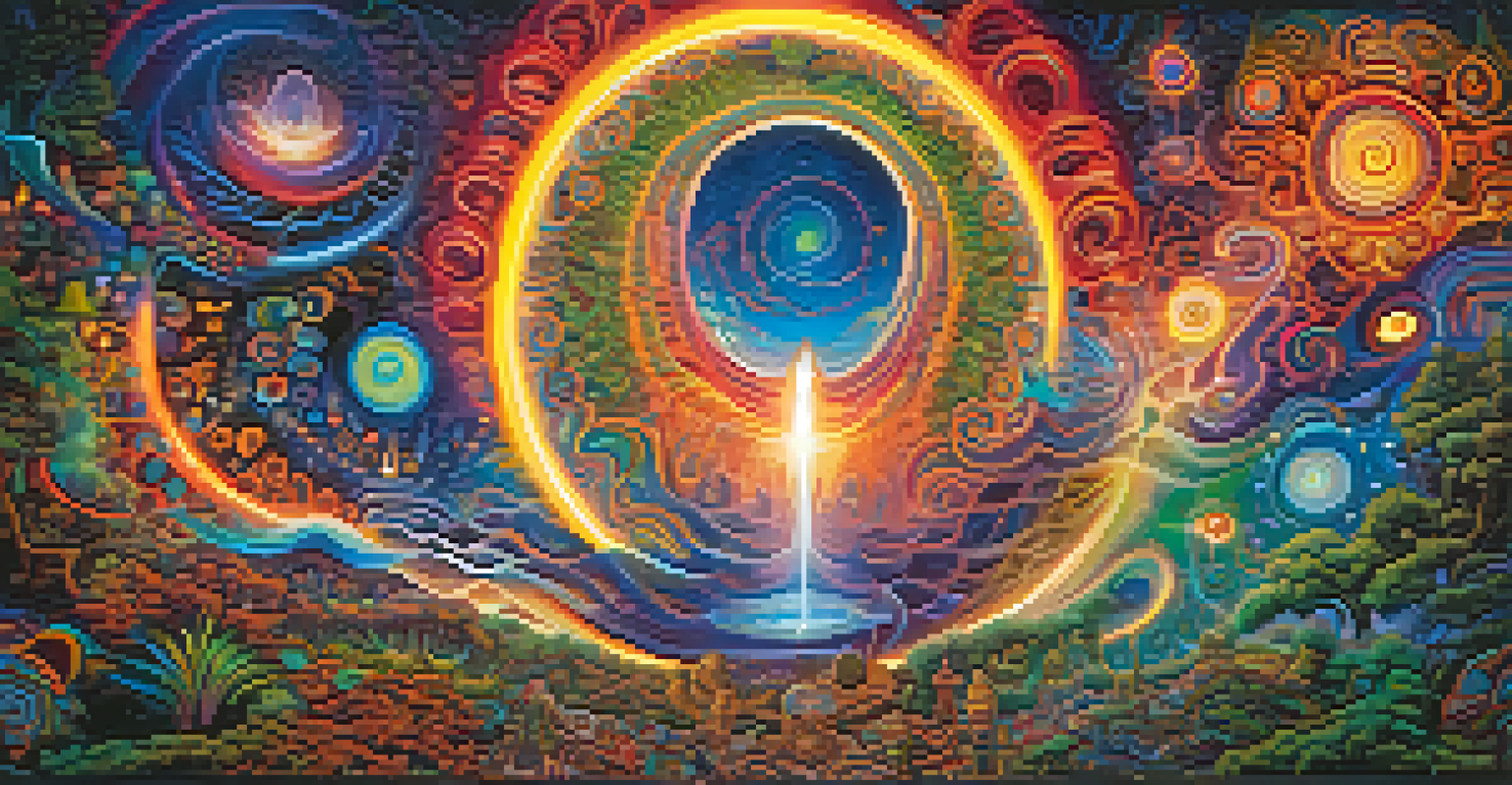 A surreal depiction of colorful, swirling patterns representing visions during an Ayahuasca experience, symbolizing cosmic connection.