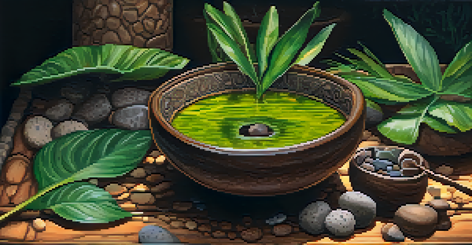 A rustic ceramic bowl filled with Ayahuasca brew, surrounded by leaves, flowers, and stones, showcasing warm natural colors and textures.