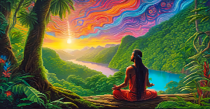 A participant experiencing a spiritual awakening during an ayahuasca journey, surrounded by swirling colors and a lush jungle setting.