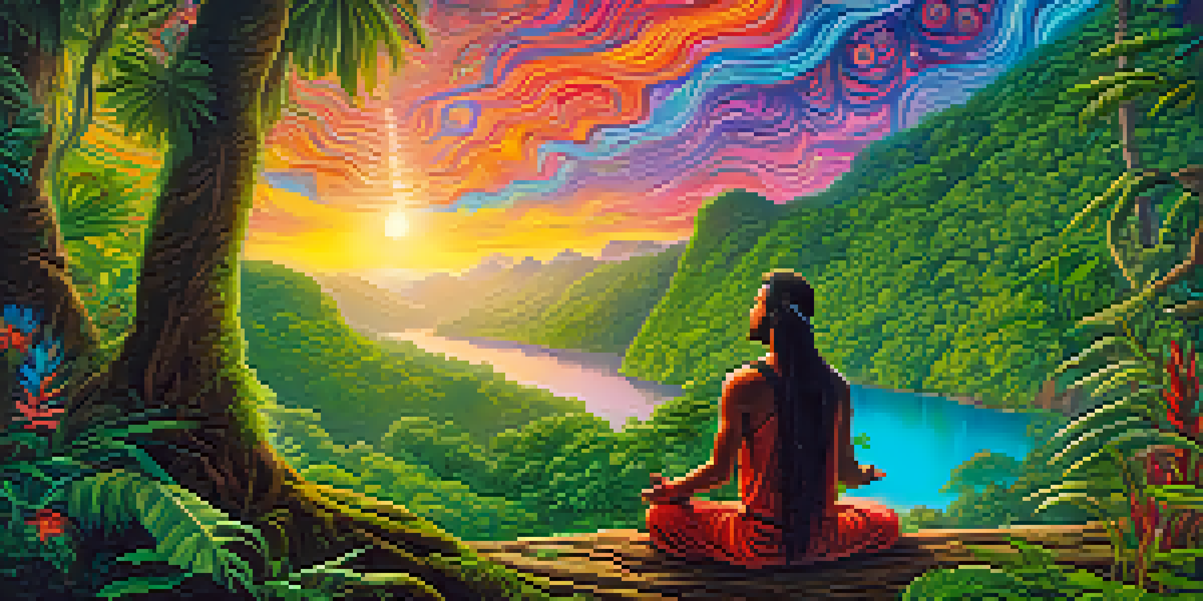 A participant experiencing a spiritual awakening during an ayahuasca journey, surrounded by swirling colors and a lush jungle setting.
