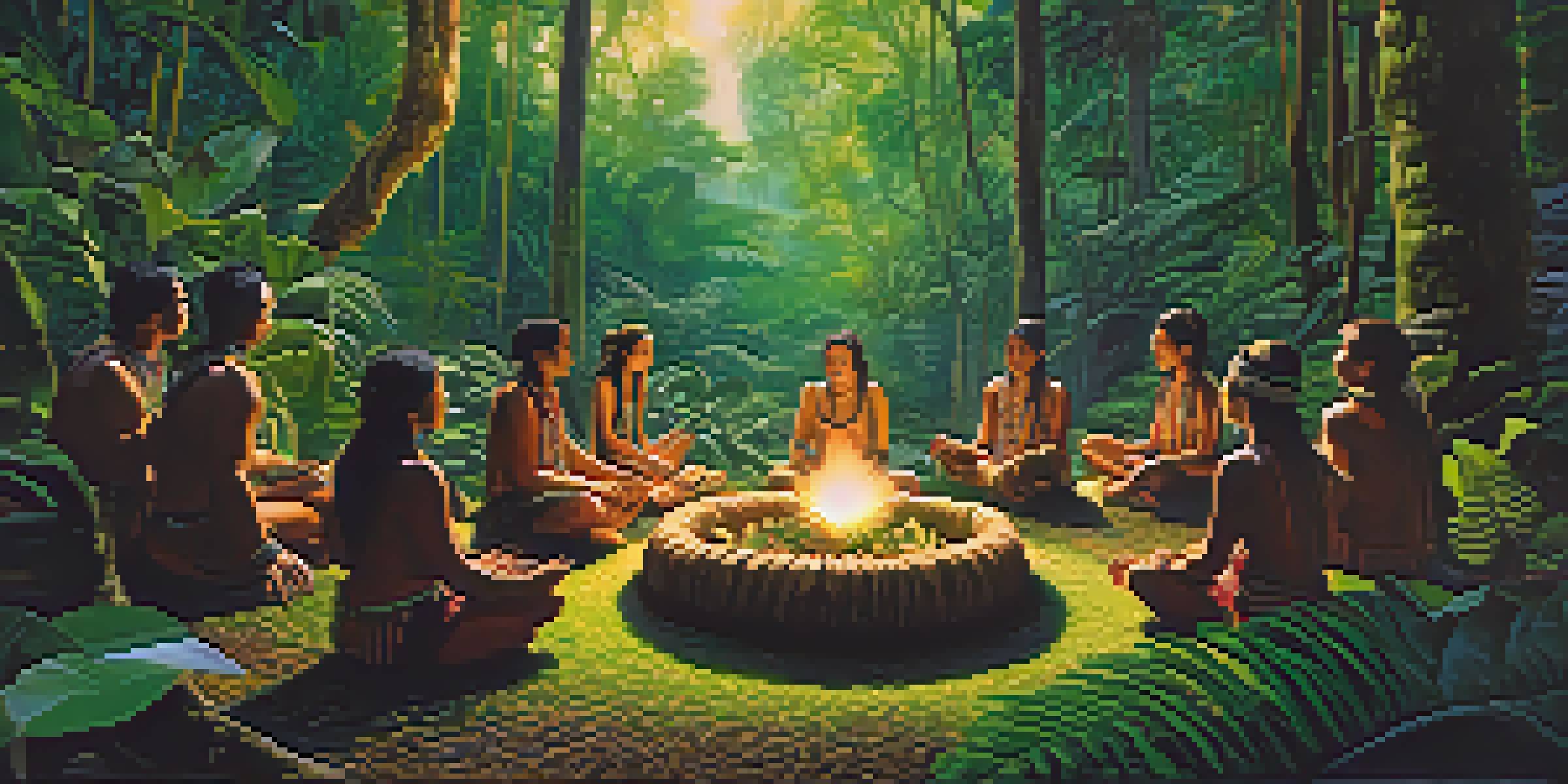 A serene scene in the Amazon rainforest depicting a traditional Ayahuasca ceremony with a shaman and participants in a circle under dappled light.