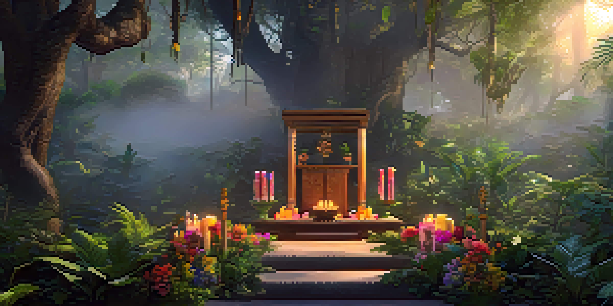 A tranquil jungle scene at dawn with mist, vibrant flowers, and a wooden altar surrounded by greenery.