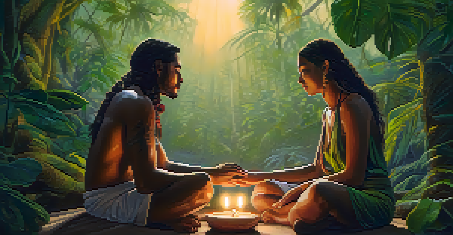 Two participants sharing experiences in an Ayahuasca ceremony, holding hands in a warm and supportive atmosphere.