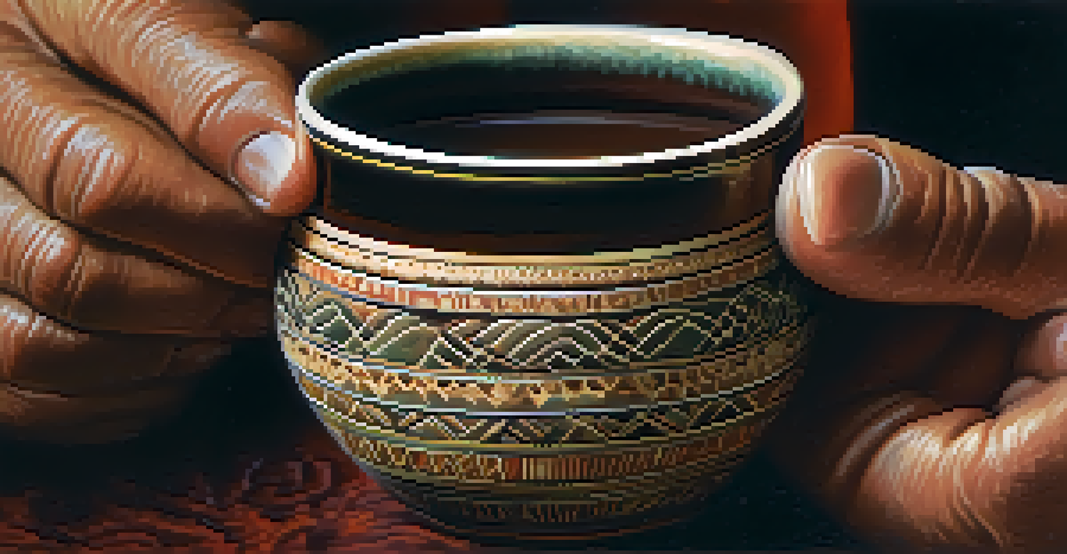 Close-up of hands holding a ceramic cup filled with Ayahuasca brew, with a softly blurred background emphasizing the earthy textures and warm lighting.