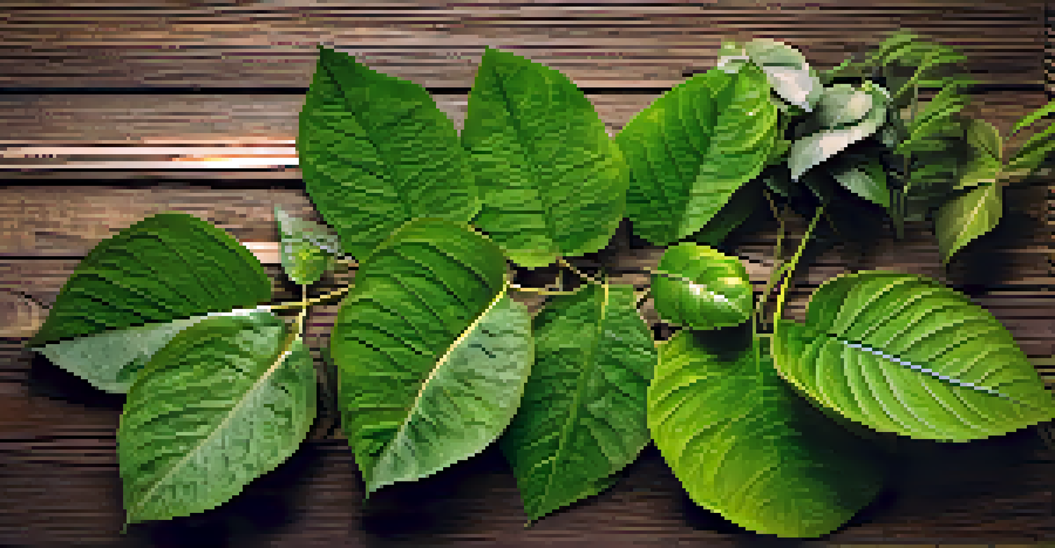 Close-up of freshly harvested ayahuasca ingredients, including the Banisteriopsis caapi vine and Psychotria viridis leaves on a wooden table.