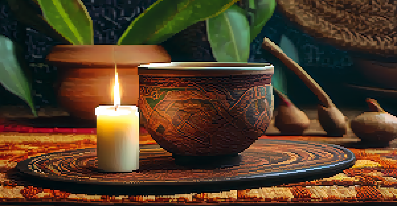 A close-up of a traditional Ayahuasca brew in a ceramic cup on a woven mat, surrounded by colorful flowers and candlelight.