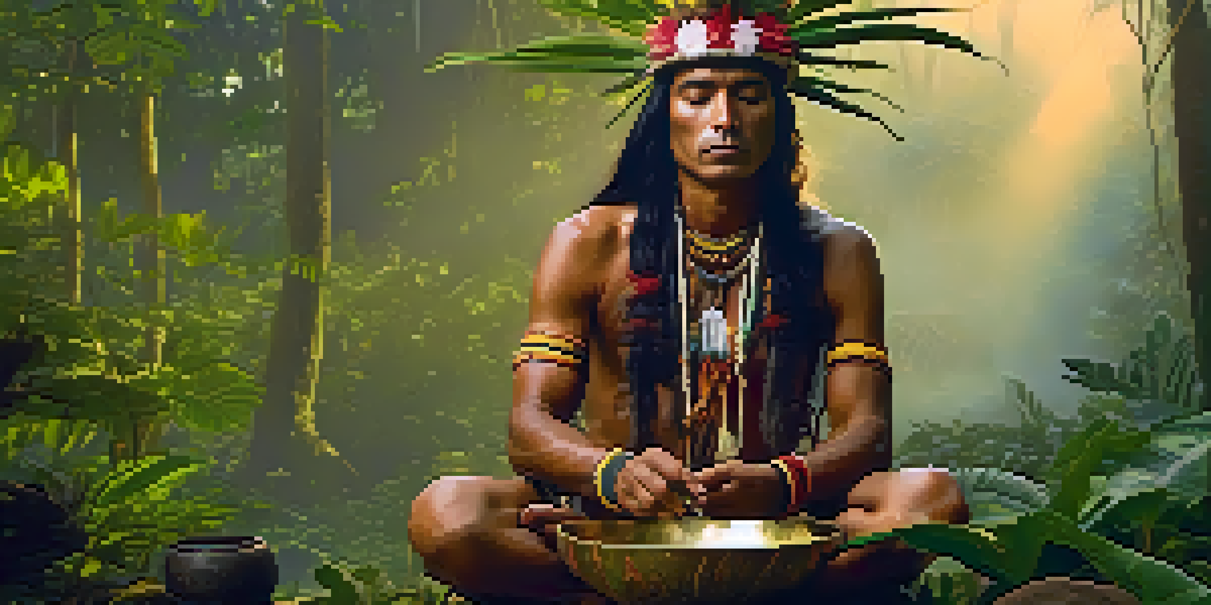 An indigenous shaman in ceremonial attire performs a ritual with Ayahuasca in the Amazon rainforest at dawn, surrounded by mist and vibrant flowers.