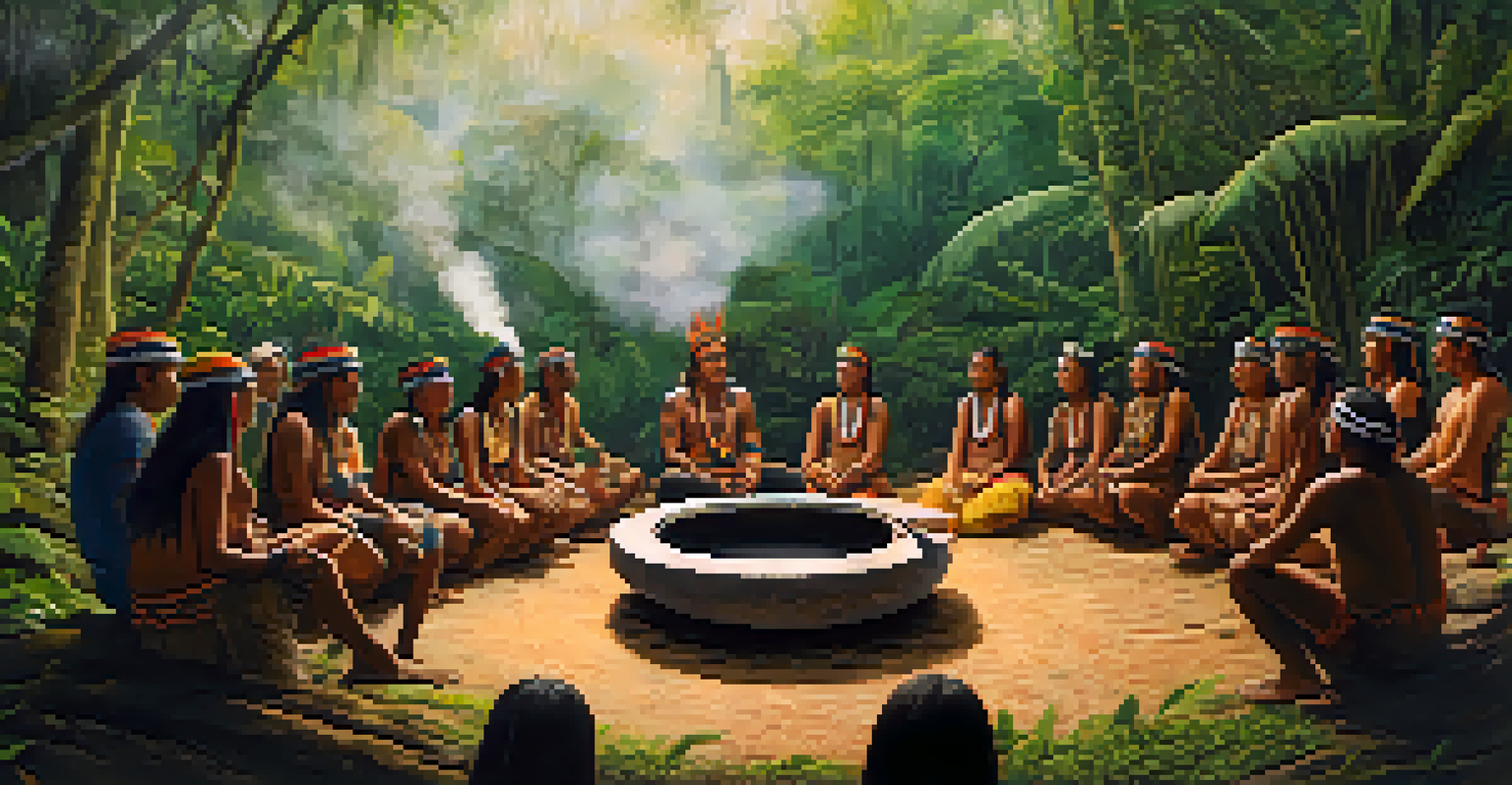 An indigenous community gathered around a pot of Ayahuasca, led by a shaman in a lush Amazon environment.