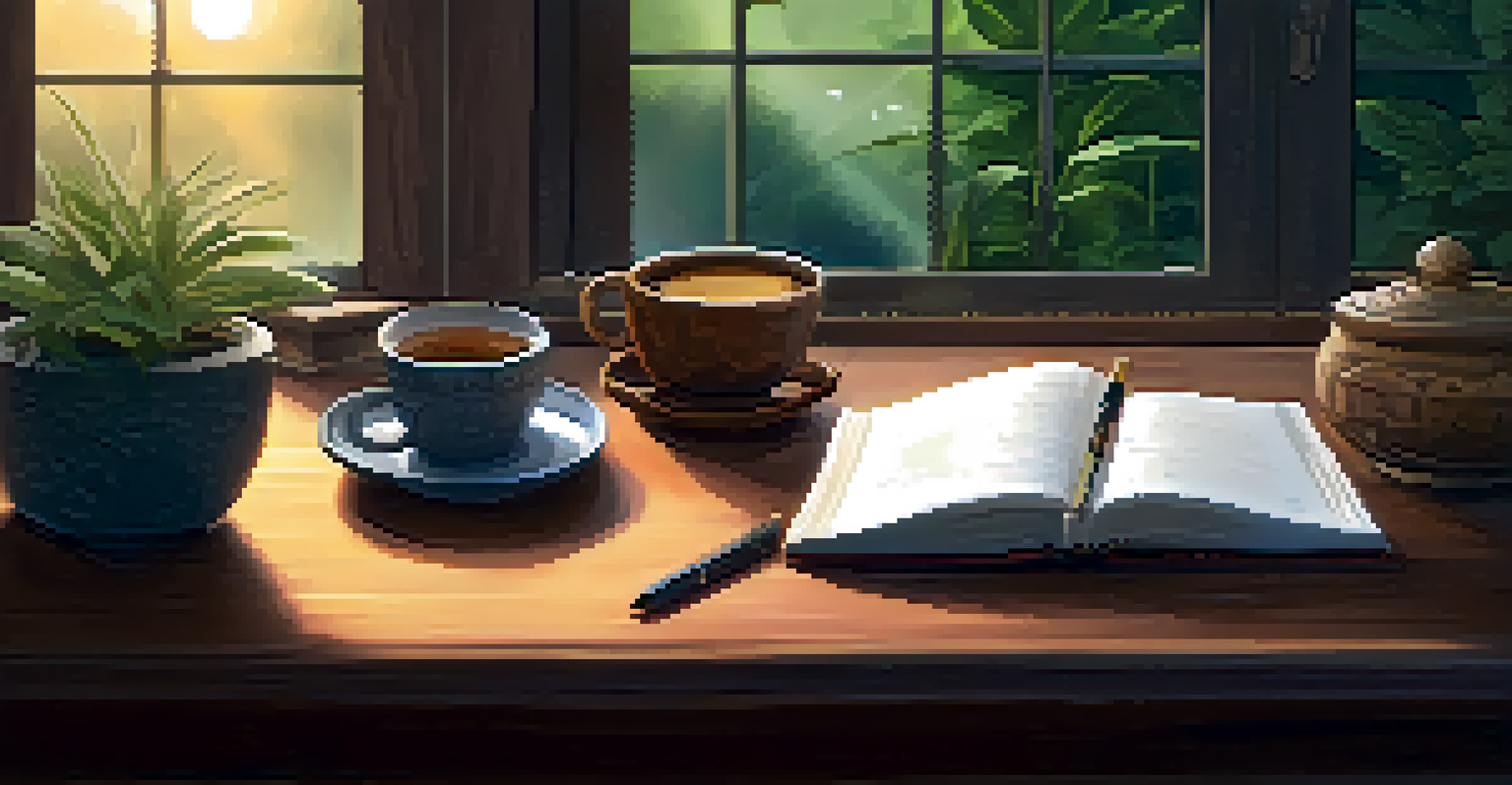 A warm and cozy space featuring a journal, pen, and herbal tea, designed for reflecting on insights from Ayahuasca experiences.