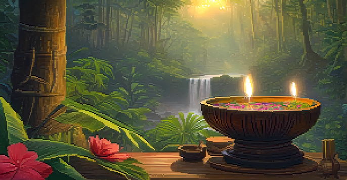 A tranquil Amazon rainforest at dawn with mist, featuring a wooden bowl of Ayahuasca on an altar surrounded by flowers and candles, illuminated by soft golden light.