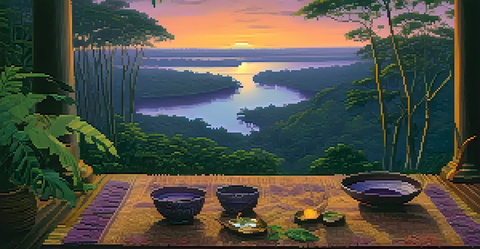 A peaceful Amazon rainforest at twilight with a winding river, lush greenery, and a woven mat with ceremonial items.