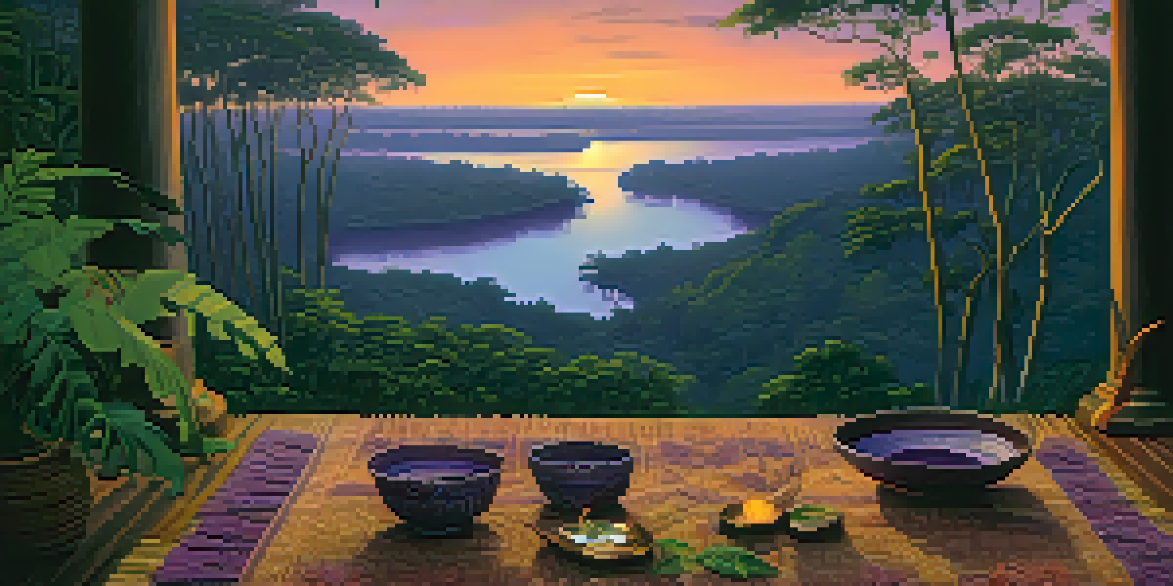 A peaceful Amazon rainforest at twilight with a winding river, lush greenery, and a woven mat with ceremonial items.