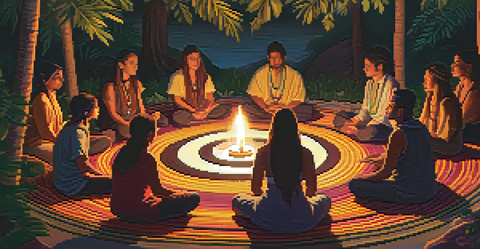 An Ayahuasca ceremony with participants seated in a circle, surrounded by candles and plants.