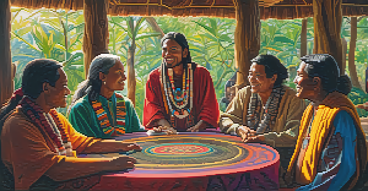 Indigenous leaders and participants in a respectful dialogue about Ayahuasca traditions, surrounded by cultural artifacts and warm natural light.