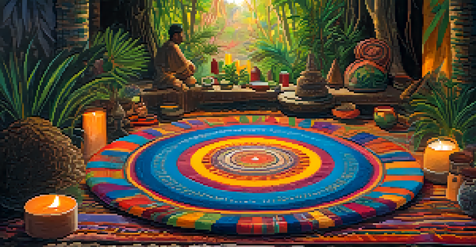 A close-up of an Ayahuasca ceremony space with colorful mats, candles, and ceremonial objects set in a lush jungle background.
