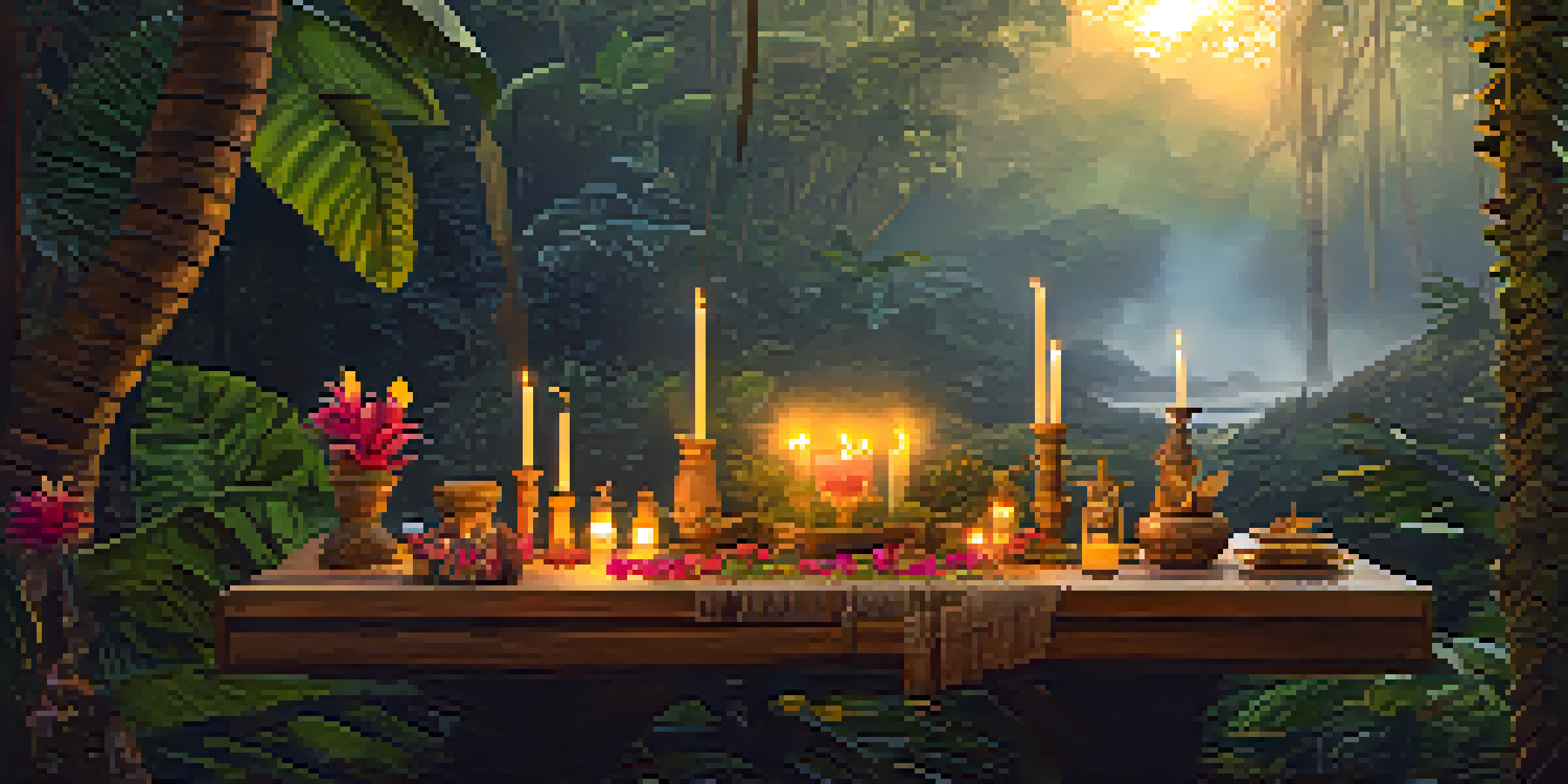 A peaceful Amazon rainforest at dawn with mist, featuring a wooden ceremonial table decorated with flowers and candles under soft golden light.