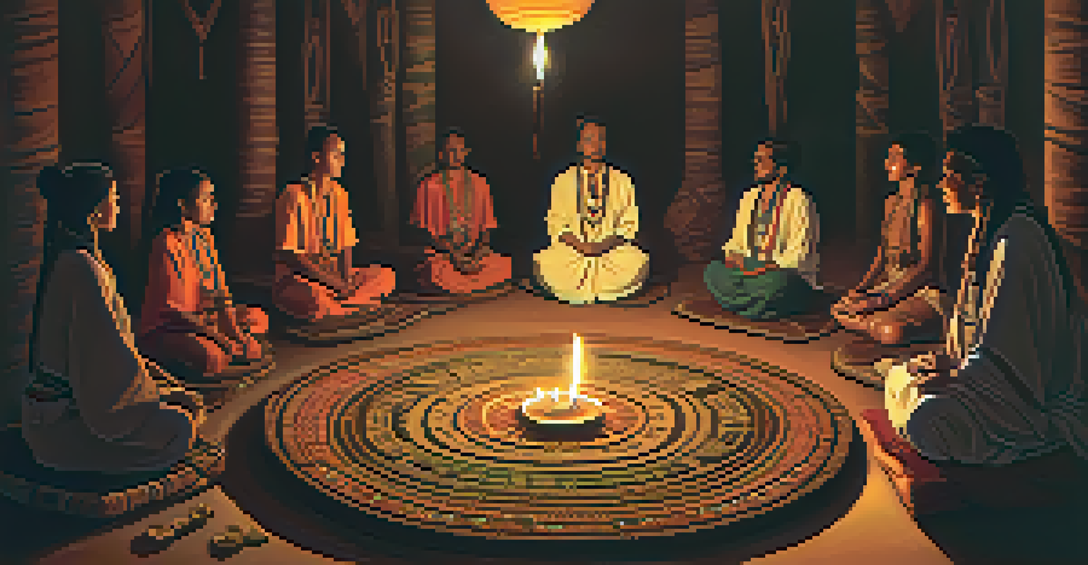 A cozy Ayahuasca ceremony in a dimly lit room, with participants sitting in a circle and a shaman leading the session under the warm glow of candles.