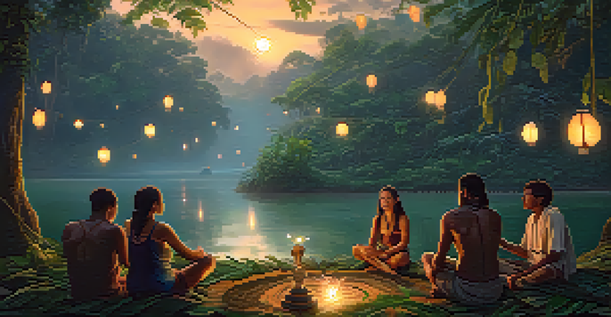 A group of people sitting in a circle during an Ayahuasca ceremony in the Amazon rainforest at dusk, surrounded by lush greenery and illuminated by soft lantern light.