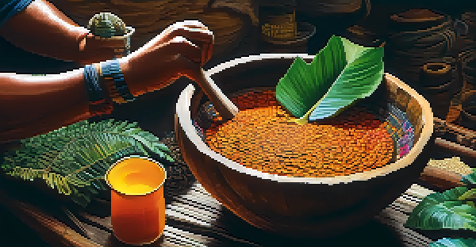 An artisan preparing ayahuasca brew, showcasing colorful plants and the texture of the brew in a rustic bowl.