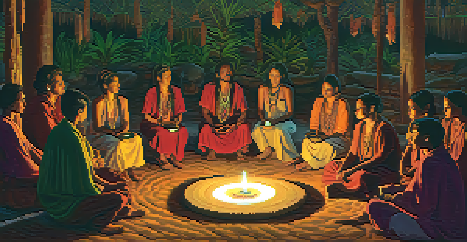 A cozy Ayahuasca ceremony scene with participants in a circle, a shaman in traditional clothing, and warm candlelight.