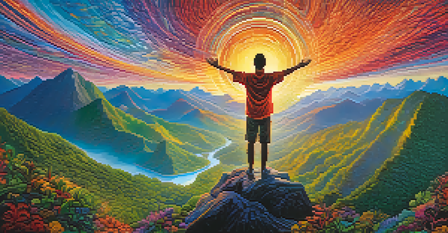 An abstract image of a person on a mountain peak at sunrise, symbolizing transformation and self-discovery.